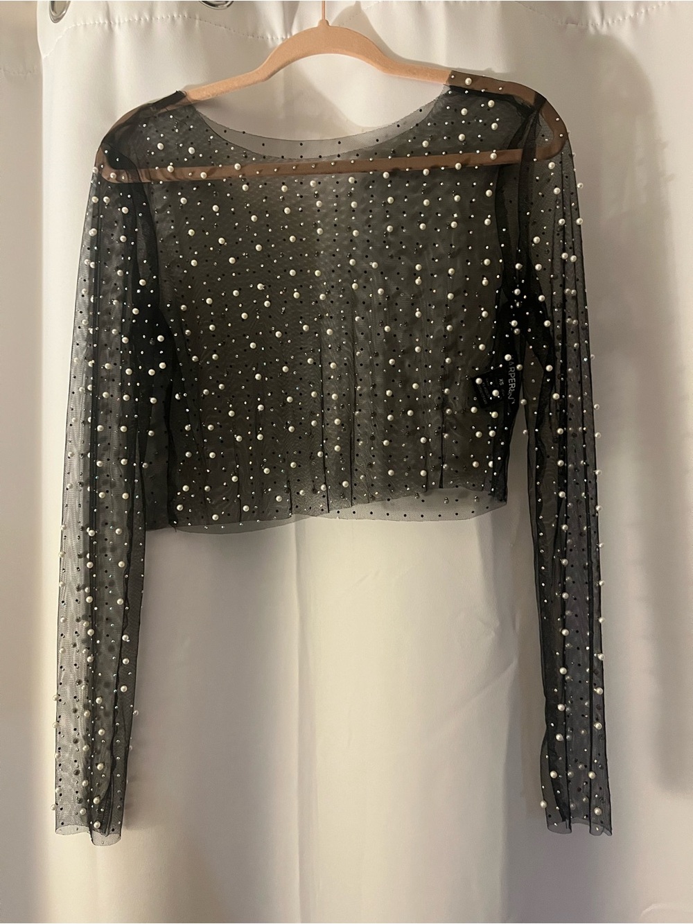 Black Sheer Pearl-Studded Long-Sleeve Crop Top XS
